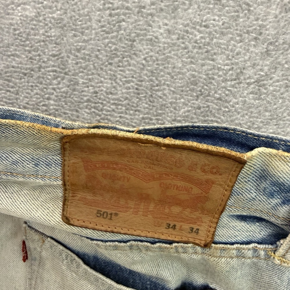 Levis 501 Selvedge Denim Jeans Men 34x34 Light Wash Button Fly Distressed Modern - Picture 12 of 16